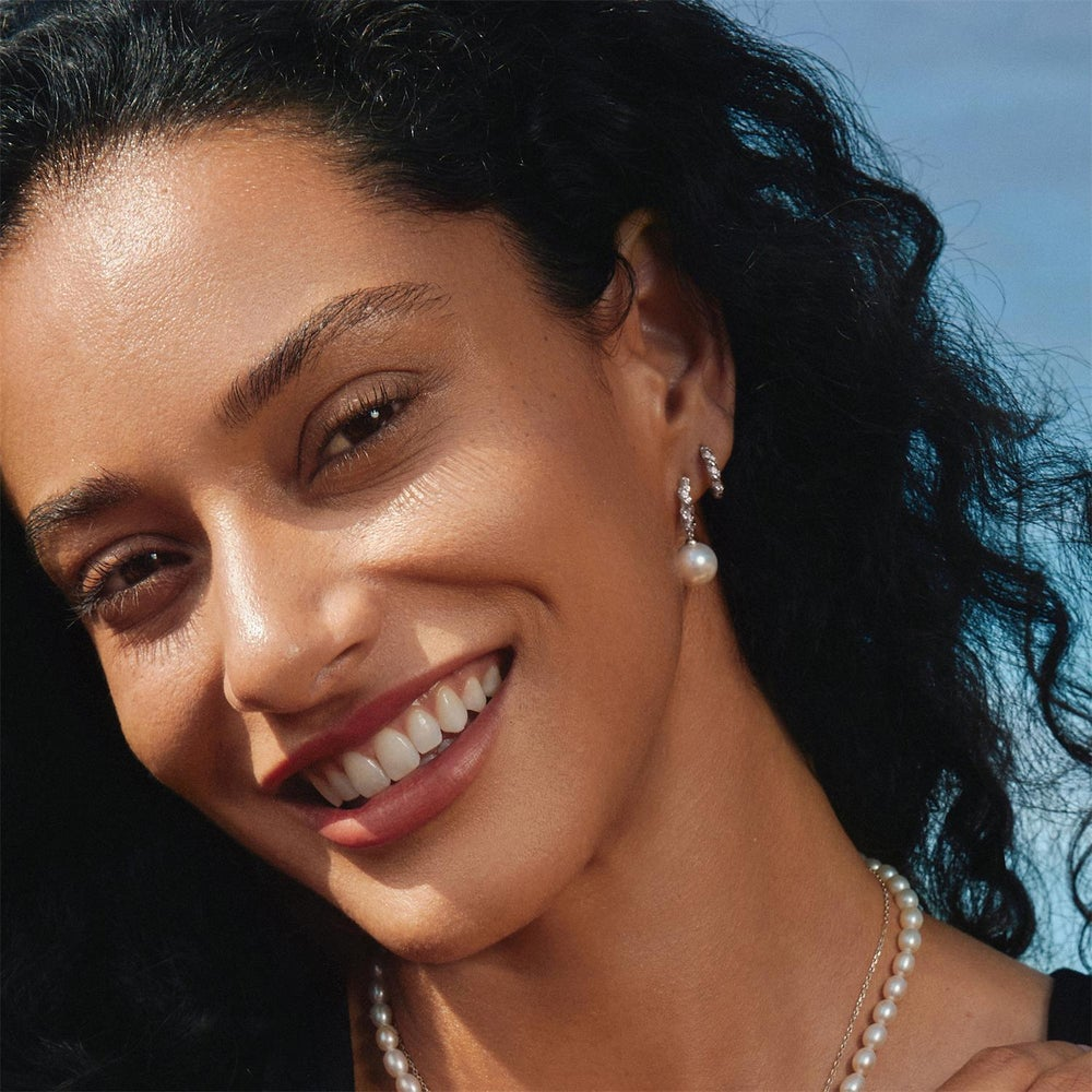 Luna Gaze Silver Shell Pearl Dangling Twisted Huggie Hoop Earrings