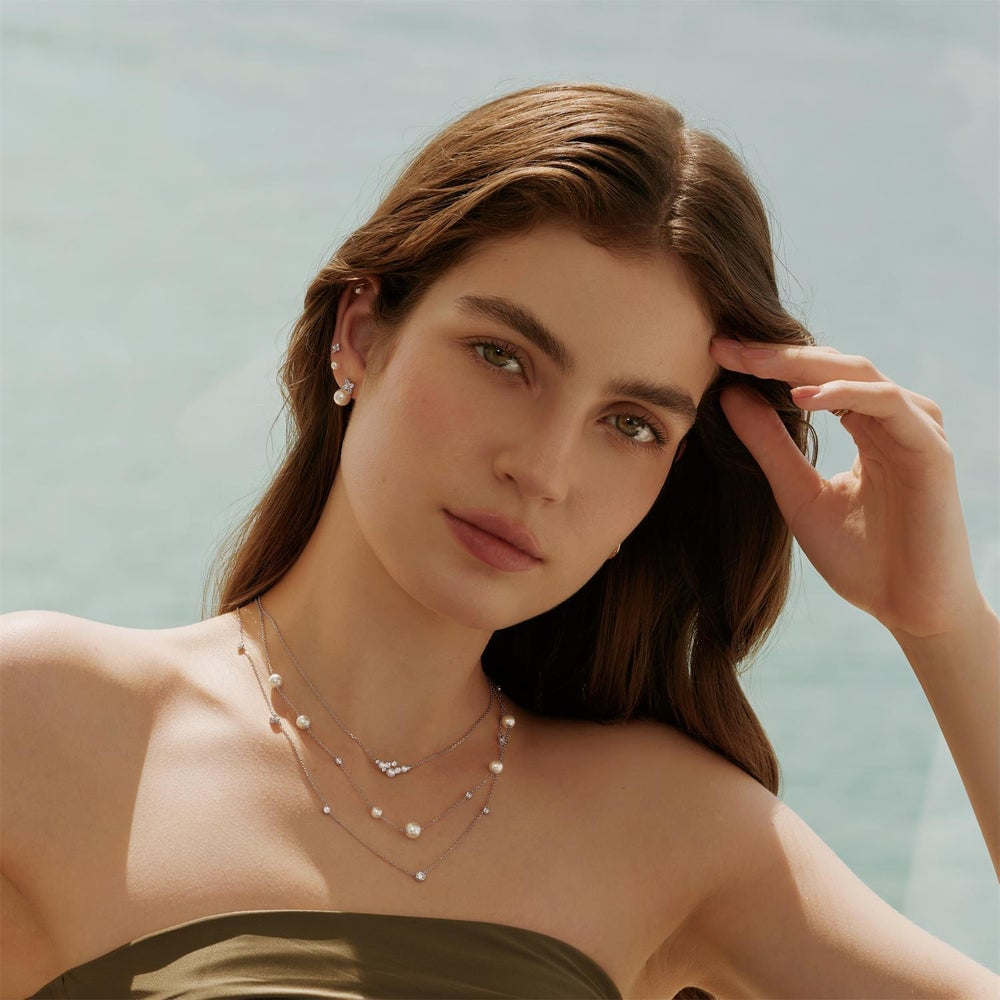 Luna Gaze Silver Asymmetric Shell Pearl Station Necklace