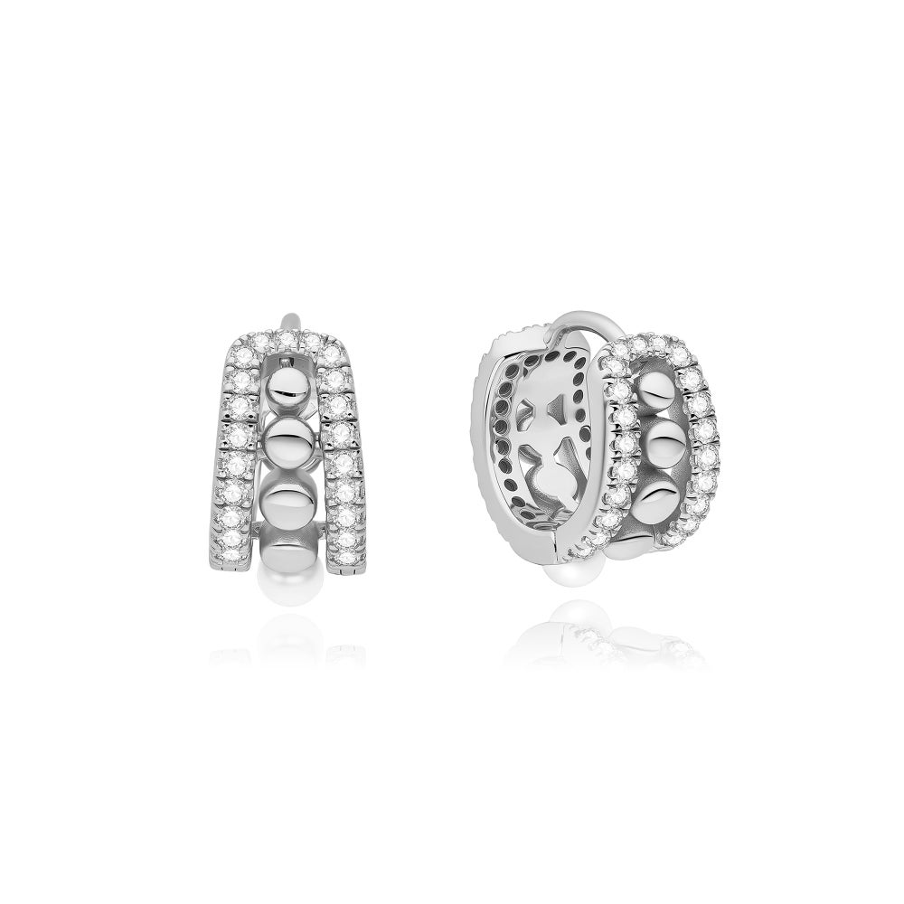 Luna Gaze Silver Sparkling Shell Pearl Row Huggie Hoop Earrings