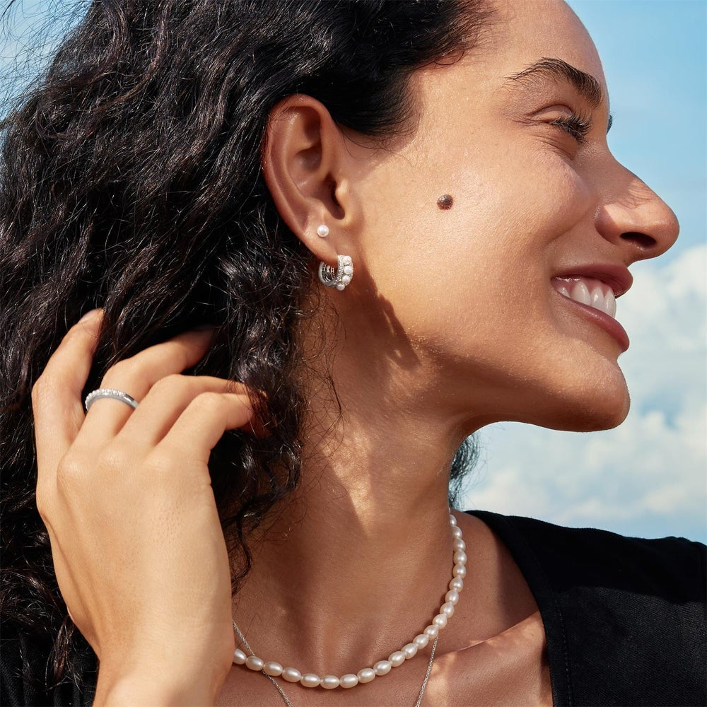 Luna Gaze Silver Sparkling Shell Pearl Row Huggie Hoop Earrings