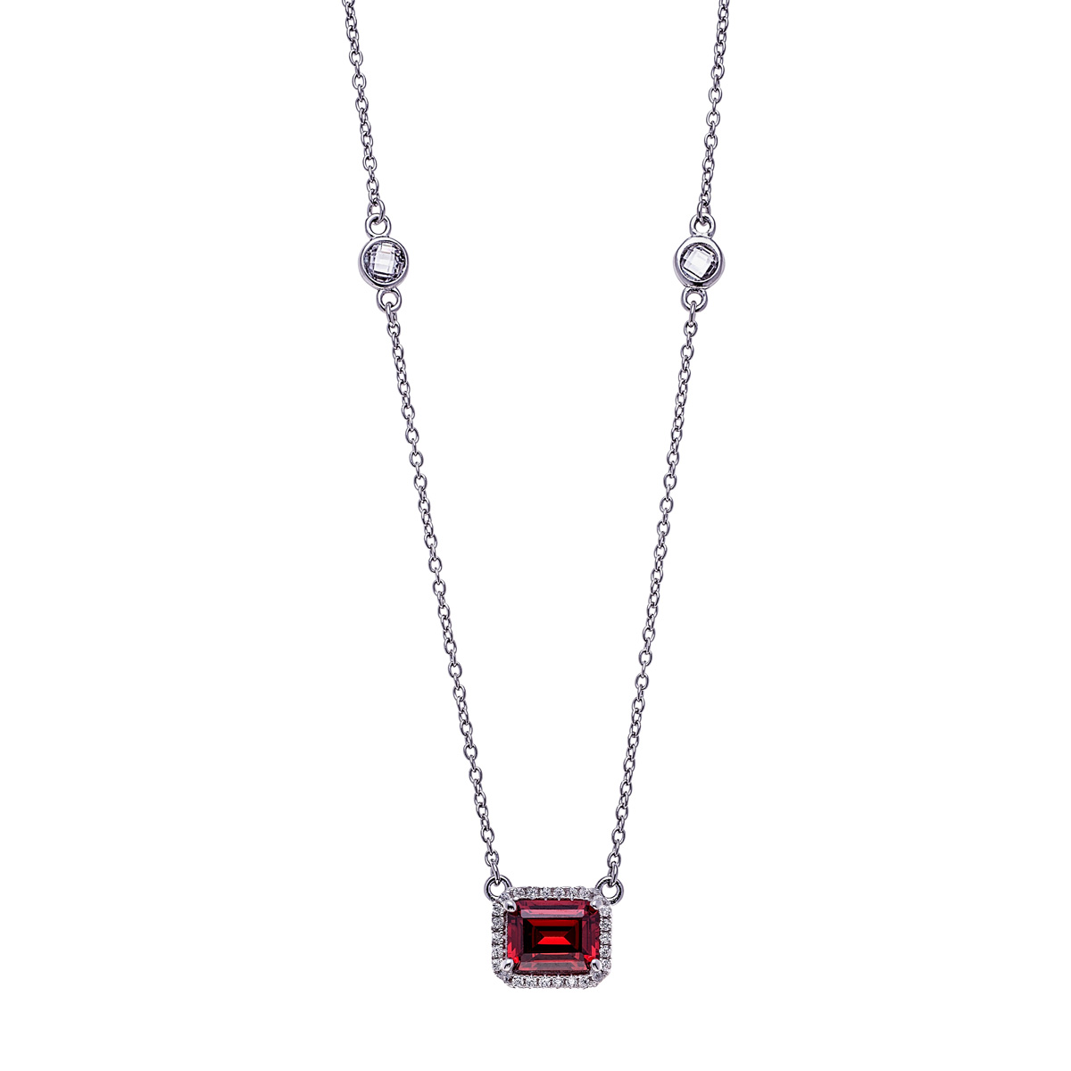 Sterling Silver Clear CZs Halo Design with Large Garnet CZ Center Necklace
