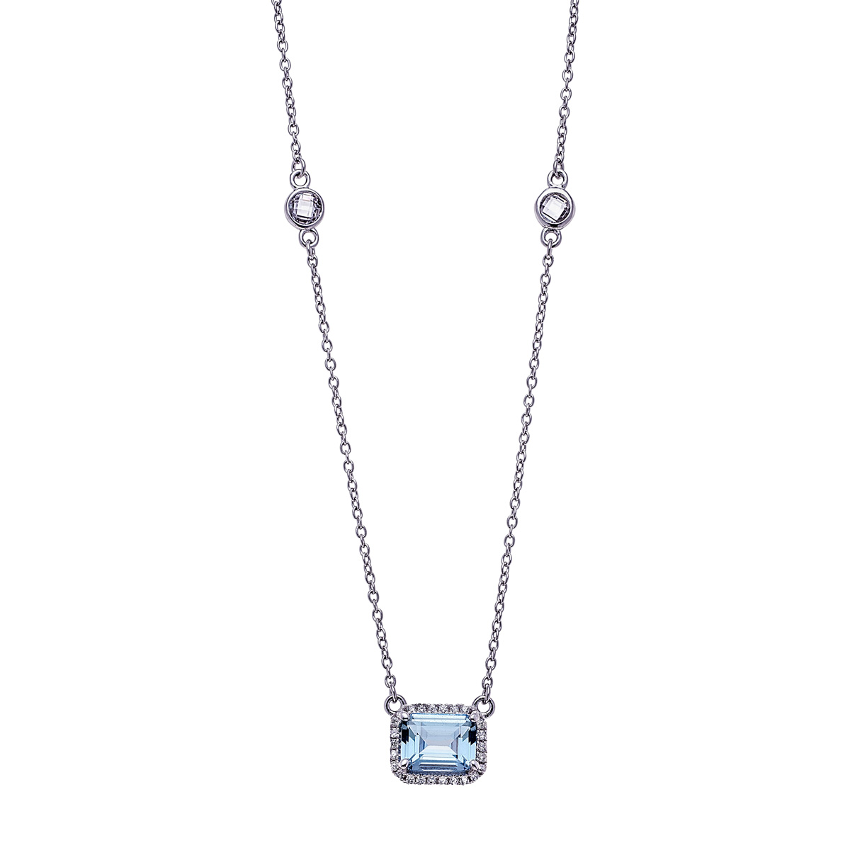 Sterling Silver Clear CZs Halo Design with Large Aquamarine CZ Center Necklace