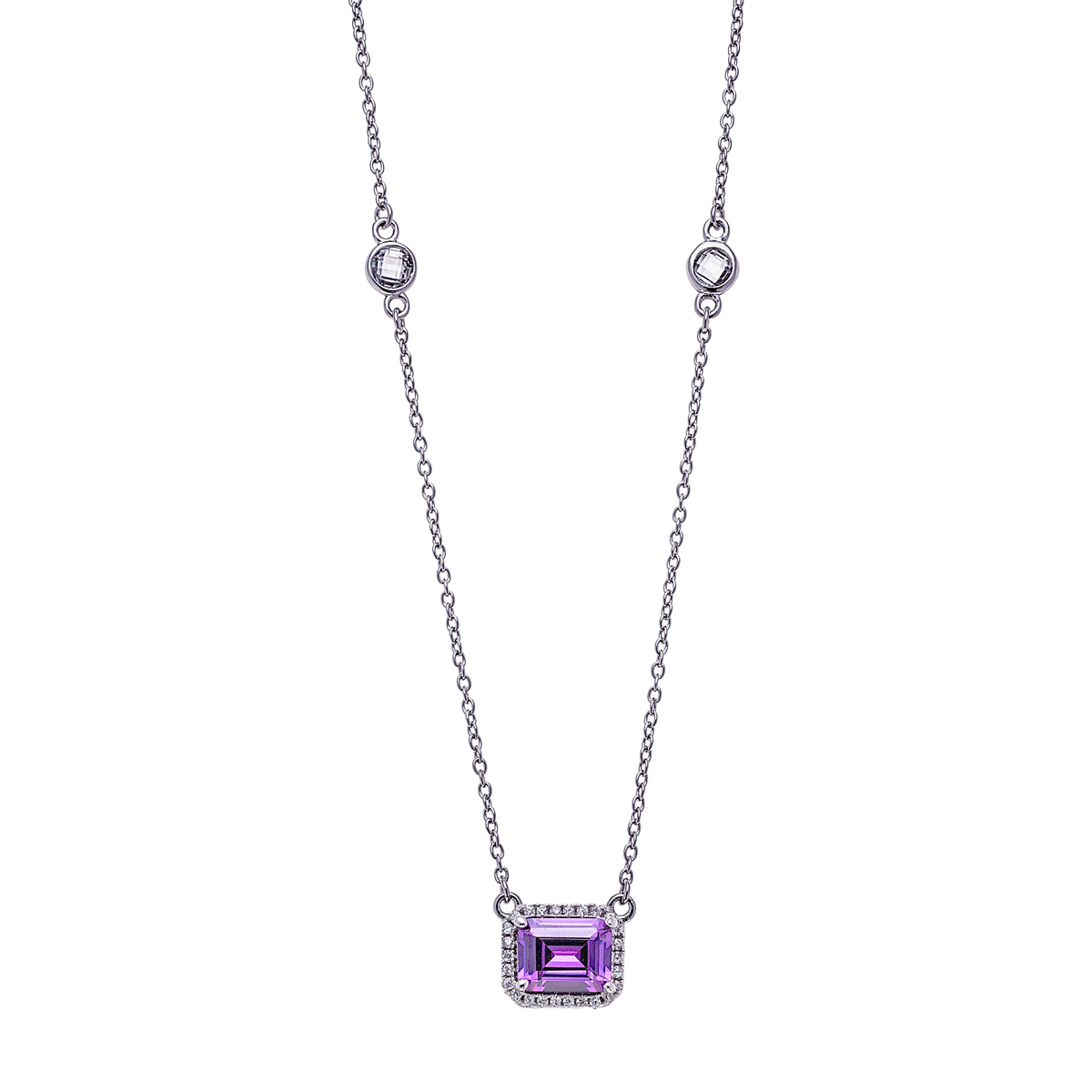 Sterling Silver Clear CZs Halo Design with Large Lavendar CZ Center Necklace