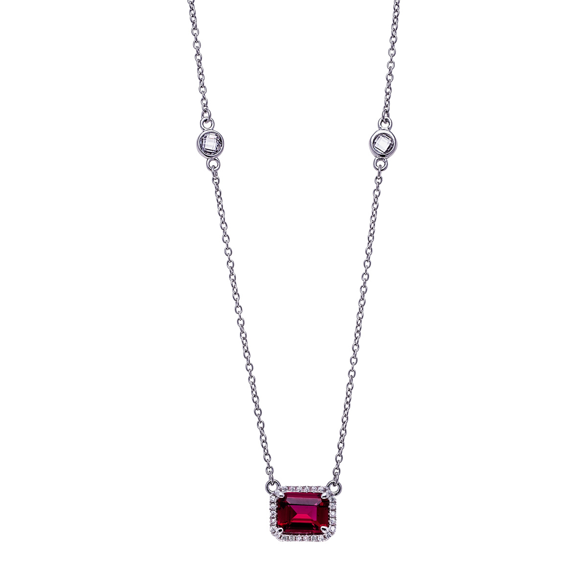Sterling Silver Clear CZs Halo Design with Large Bright Red CZ Center Necklace