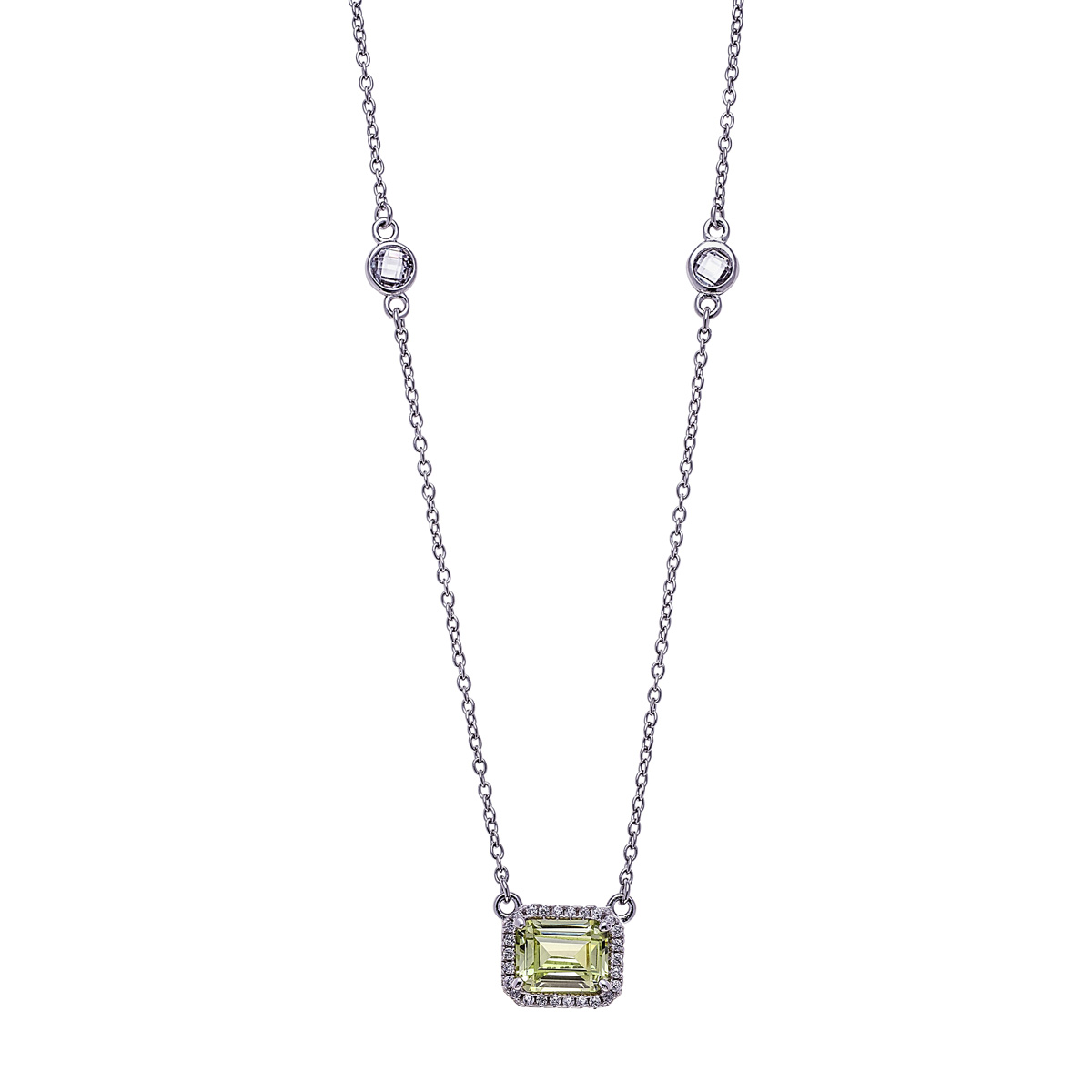 Sterling Silver Clear CZs Halo Design with Large Light Green CZ Center Necklace
