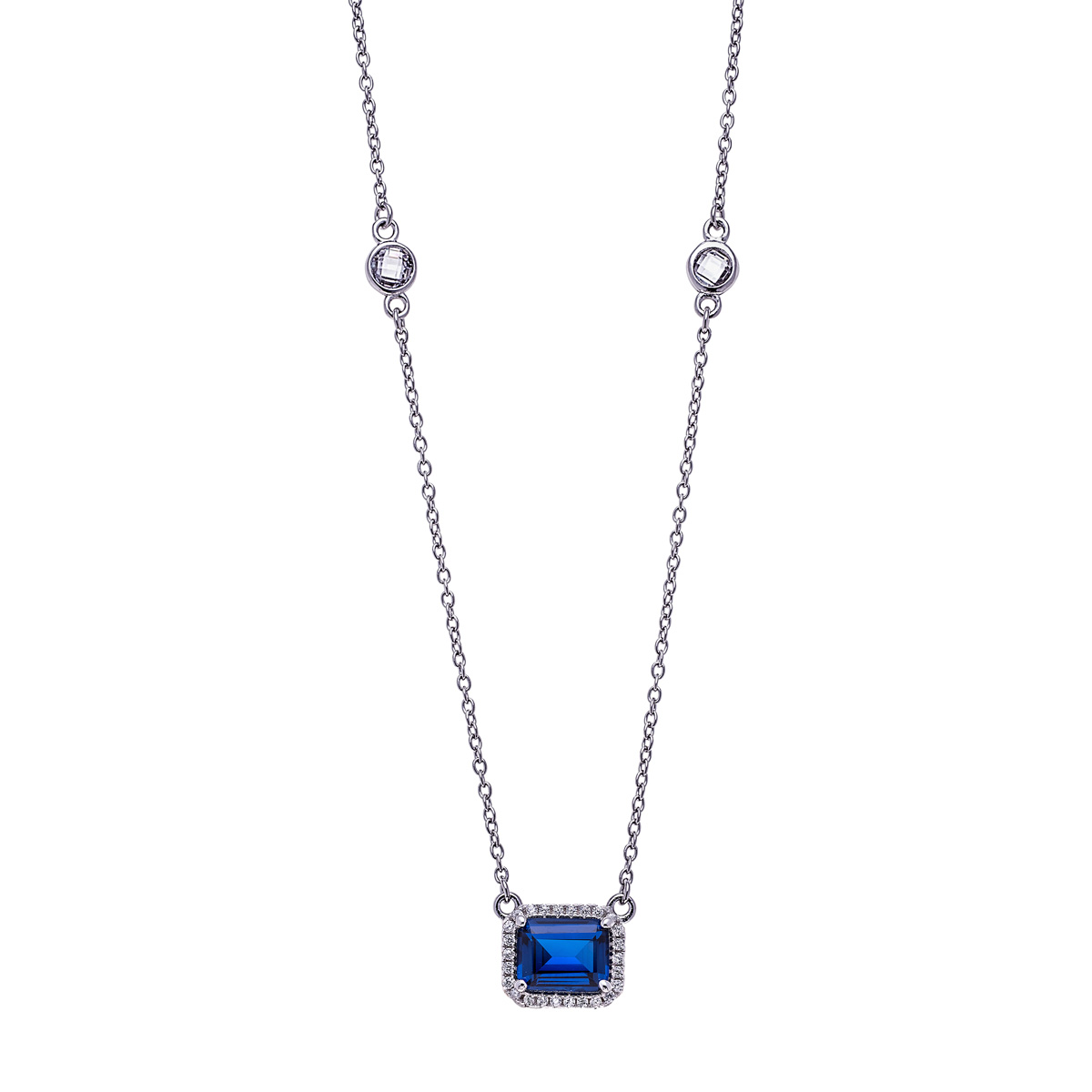 Sterling Silver Clear CZs Halo Design with Large Sapphire CZ Center Necklace