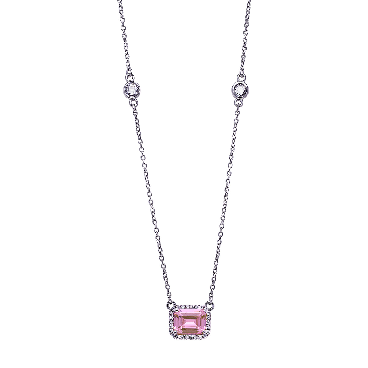 Sterling Silver Clear CZs Halo Design with Large Pink CZ Center Necklace