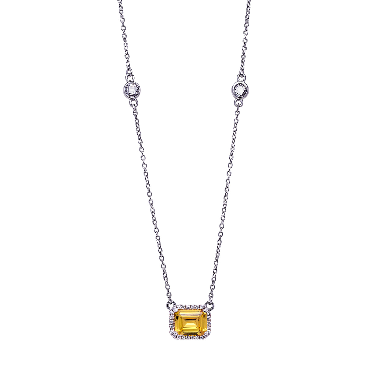 Sterling Silver Clear CZs Halo Design with Large Citrine CZ Center Necklace