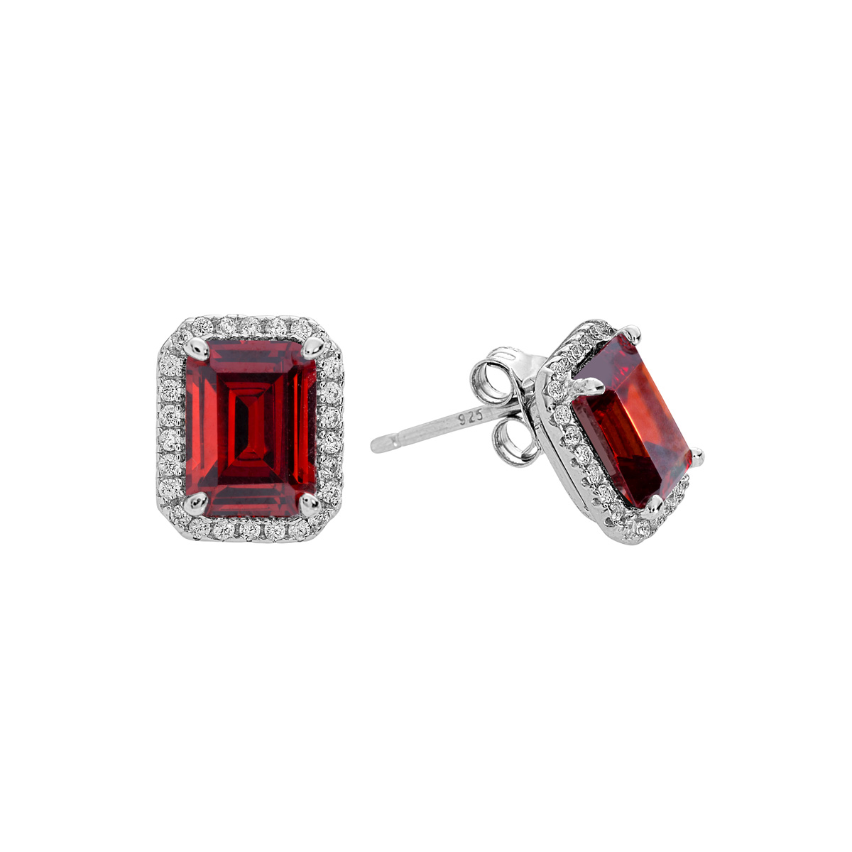 Sterling Silver Clear CZs Halo Design with Large Garnet CZ Center Earrings