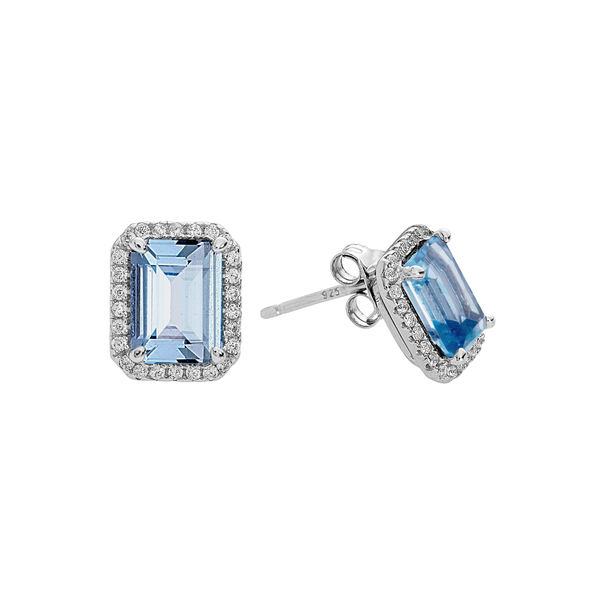 Sterling Silver Clear CZs Halo Design with Large Aquamarine CZ Center Earrings
