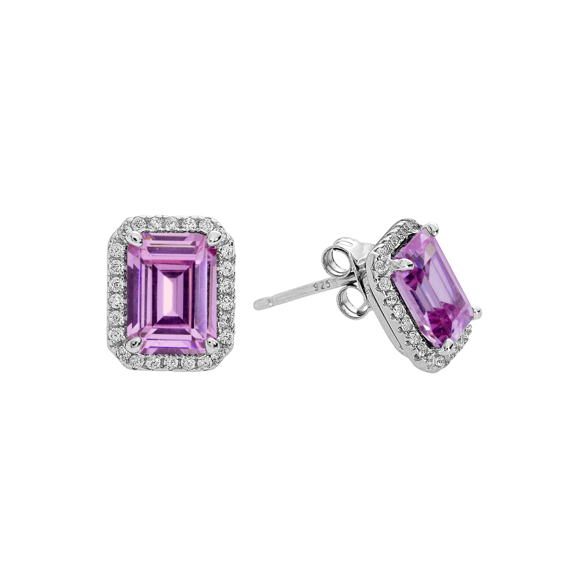 Sterling Silver Clear CZs Halo Design with Large Lavendar CZ Center Earrings