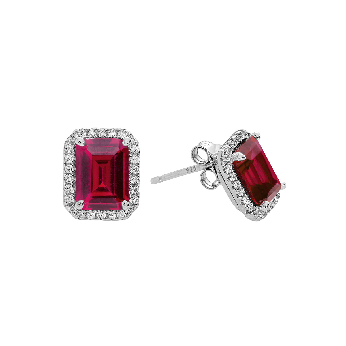 Sterling Silver Clear CZs Halo Design with Large Ruby CZ Center Earrings
