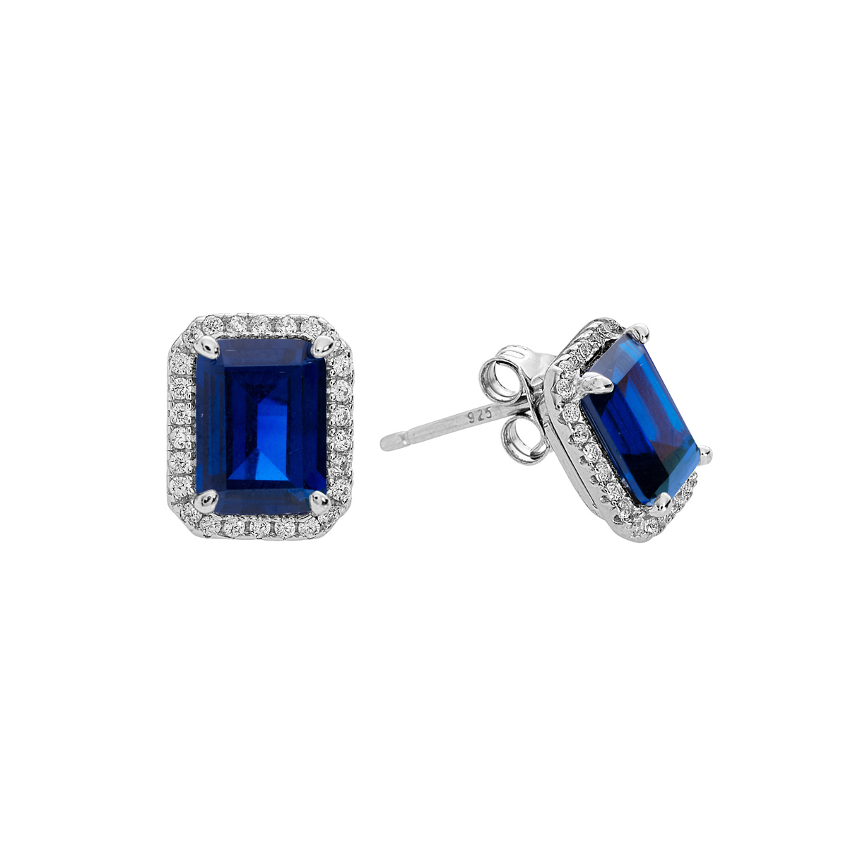 Sterling Silver Clear CZs Halo Design with Large Sapphire CZ Center Earrings