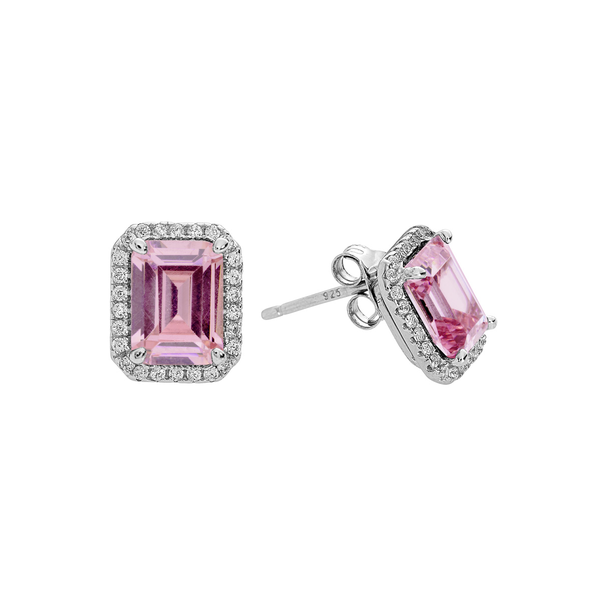 Sterling Silver Clear CZs Halo Design with Large Pink CZ Center Earrings