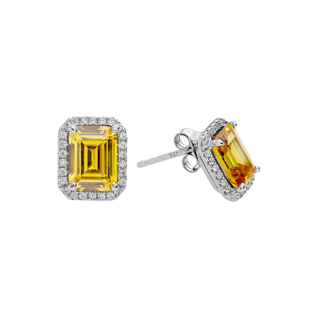 Sterling Silver Clear CZs Halo Design with Large Citrine CZ Center Earrings
