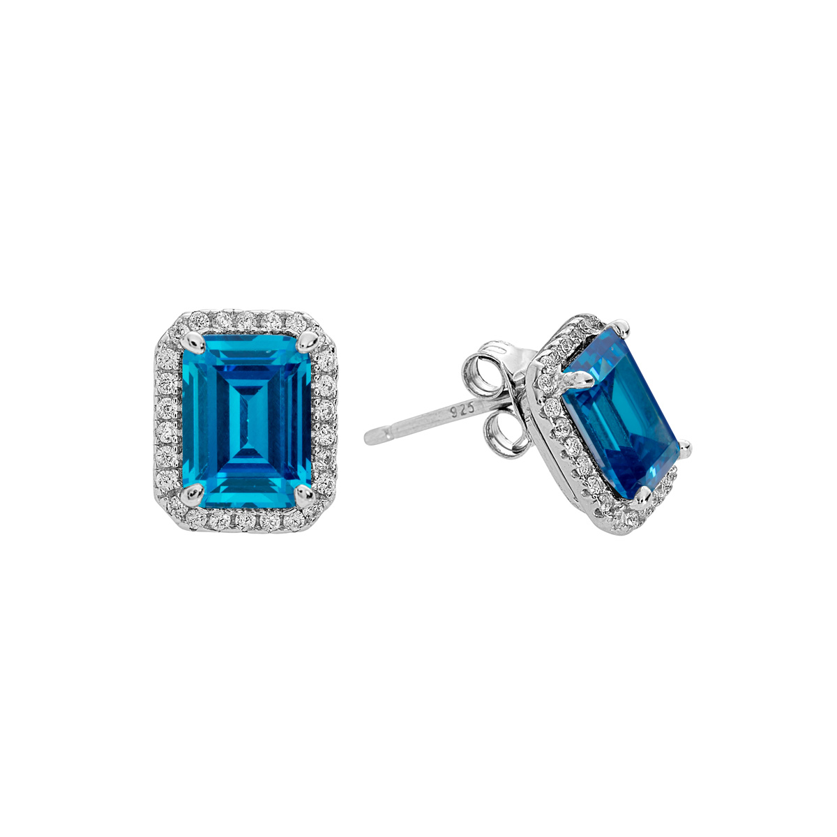 Sterling Silver Clear CZs Halo Design with Large Dark Blue CZ Center Earrings