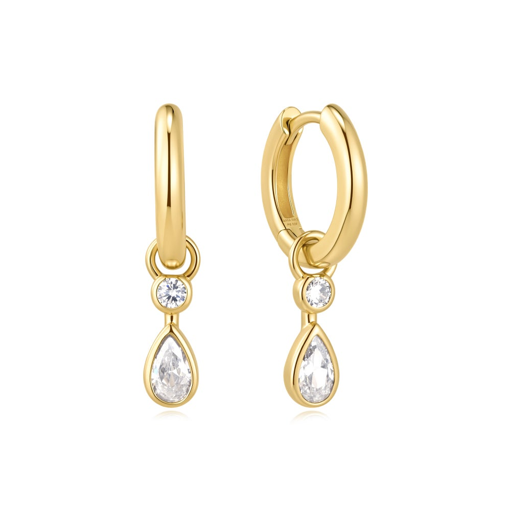 Wanderer Gold Dangling Bezel Teardrop Huggie Hoop Earrings