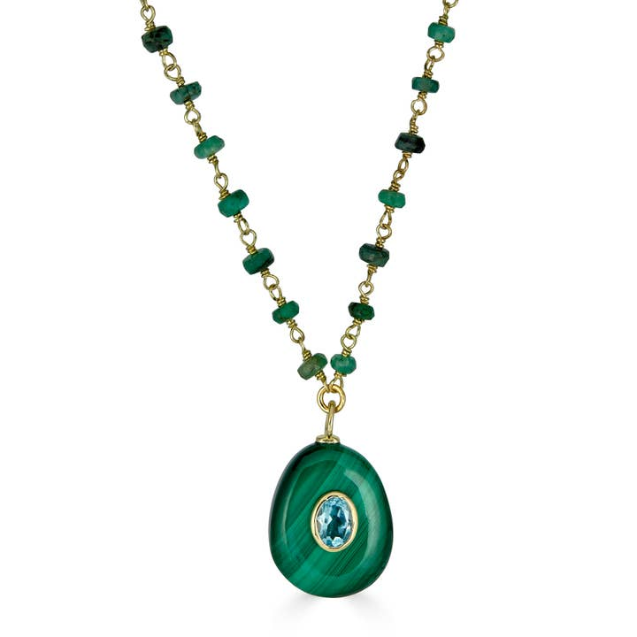 Malachite and Emerald Bezel Pendant Necklace