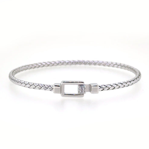 Rhodium Finish Sterling Silver Basketweave Cable Cuff Bracelet with Rhodium Finish Open Clover with Simulated Diamonds and a Hook Closure