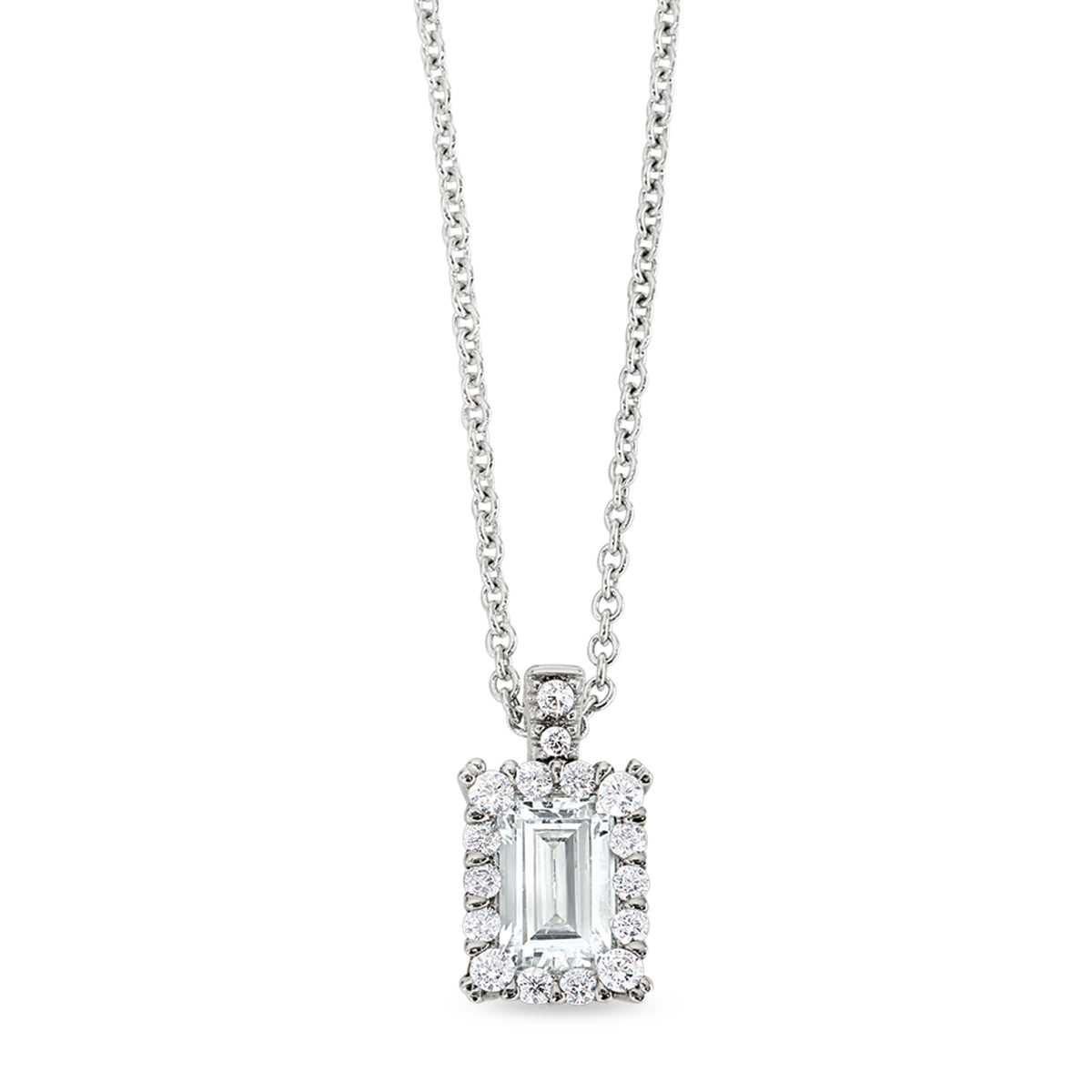 Platinum Finish Sterling Silver Emerald Cut Simulated Diamond Pendant Necklace