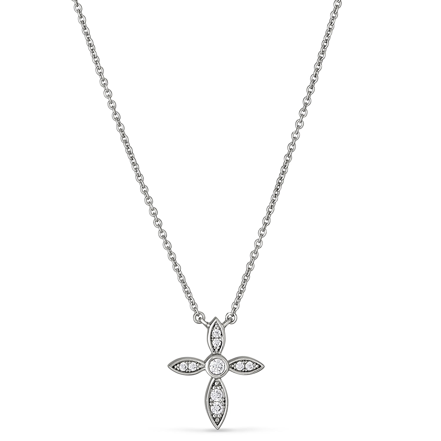 Platinum Finish Sterling Silver Marquis Cross Necklace