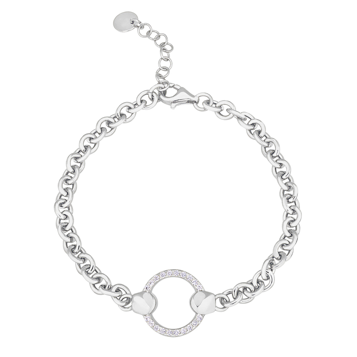 Platnium Finish Sterling Silver Single Row Flexible Cable Link Bracelet with Central Open Circle