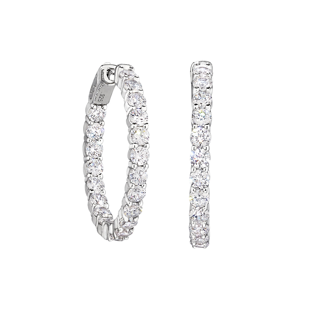 Platinum Finish Sterling Silver Micropave 3.0 Hoop Earrings with Simulated Diamonds