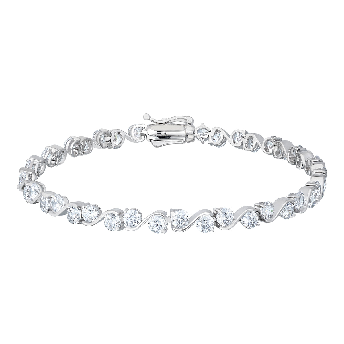 Platinum Finish Sterling Silver Two Stone Waves Tennis Bracelet with Simulated Diamond - 7.25"