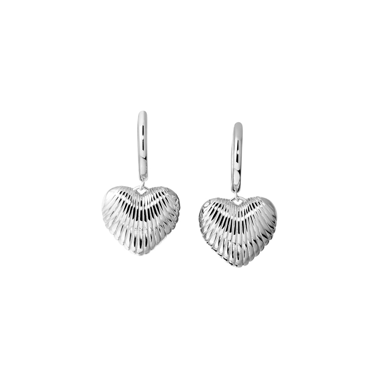 Rhodium Finish Sterling Silver Shell Pattern Heart Drop Earrings