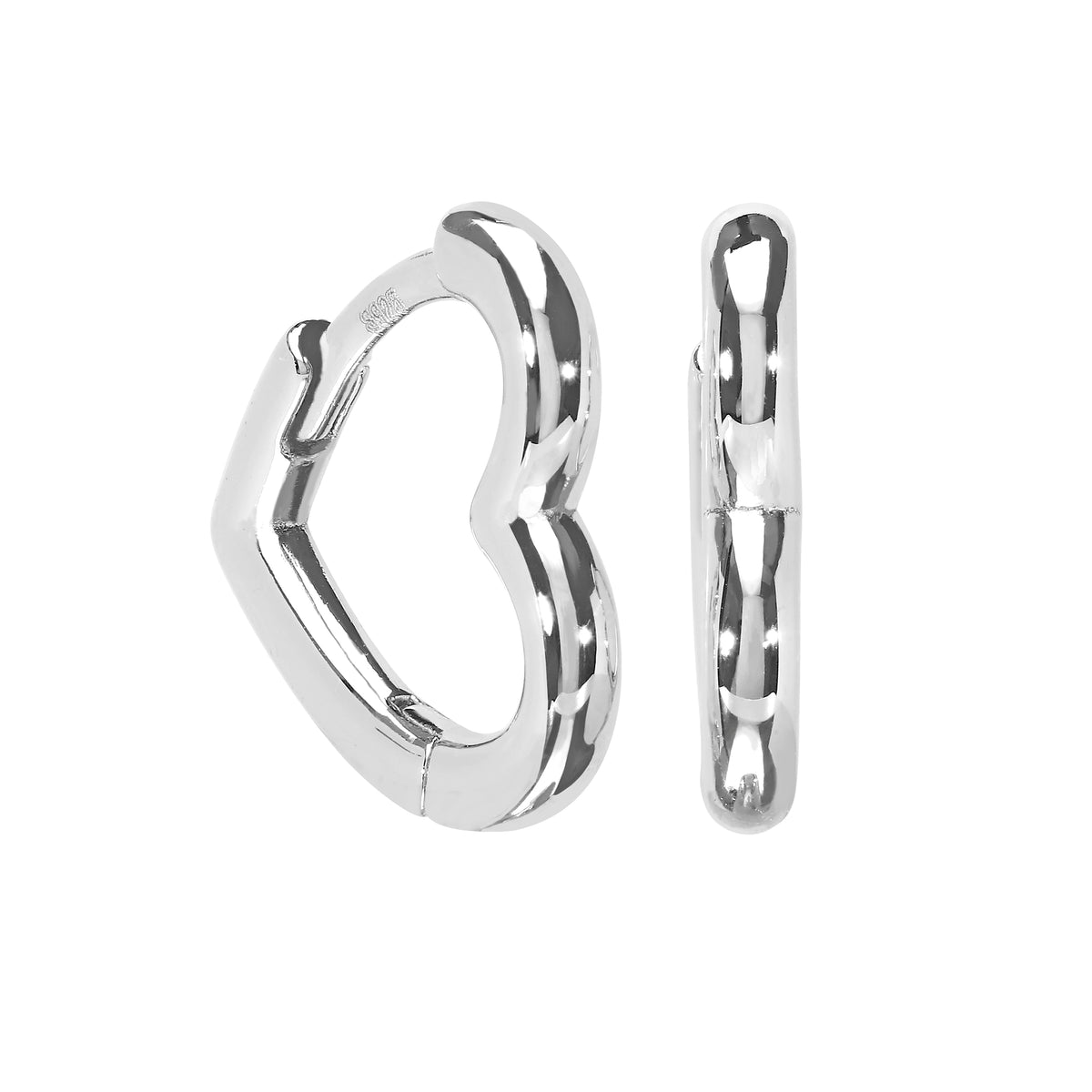 Rhodium Finish Sterling Silver Heart Huggie Hoop Earrings