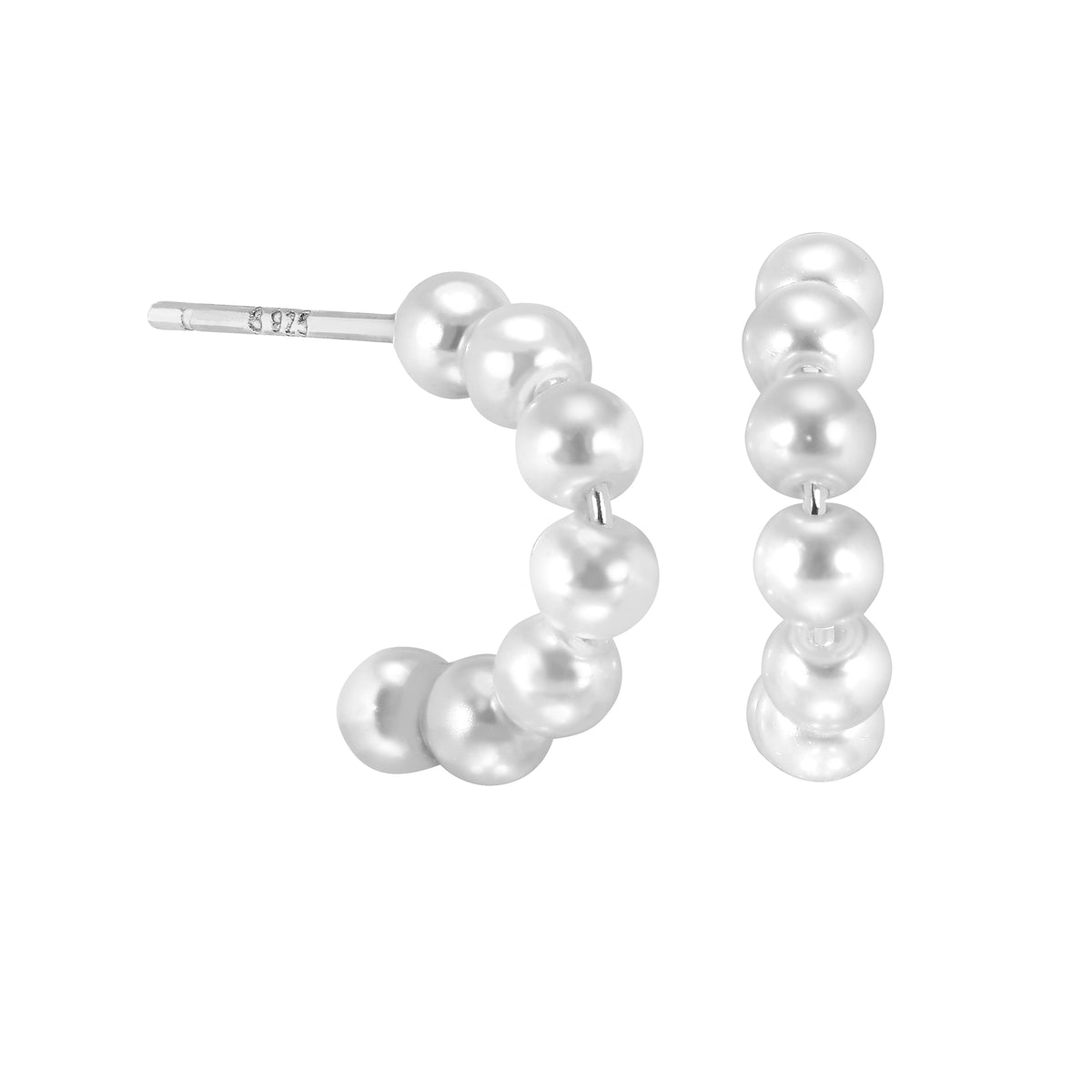 Rhodium Finish Sterling Silver Pearl Huggie Hoop Stud Earrings