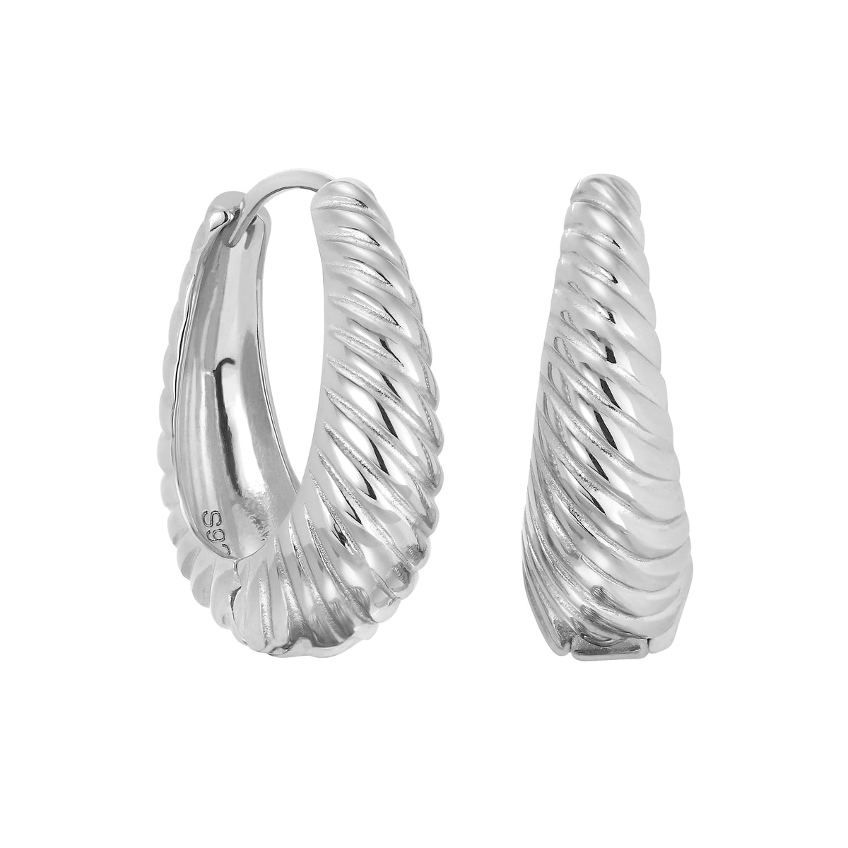 Rhodium Finish Sterling Silver Wide Tapered Hoop Earrings with Twisted Design