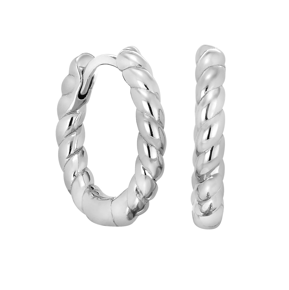 Rhodium Finish Sterling Silver Thin Hoop Earrings with Twisted Design