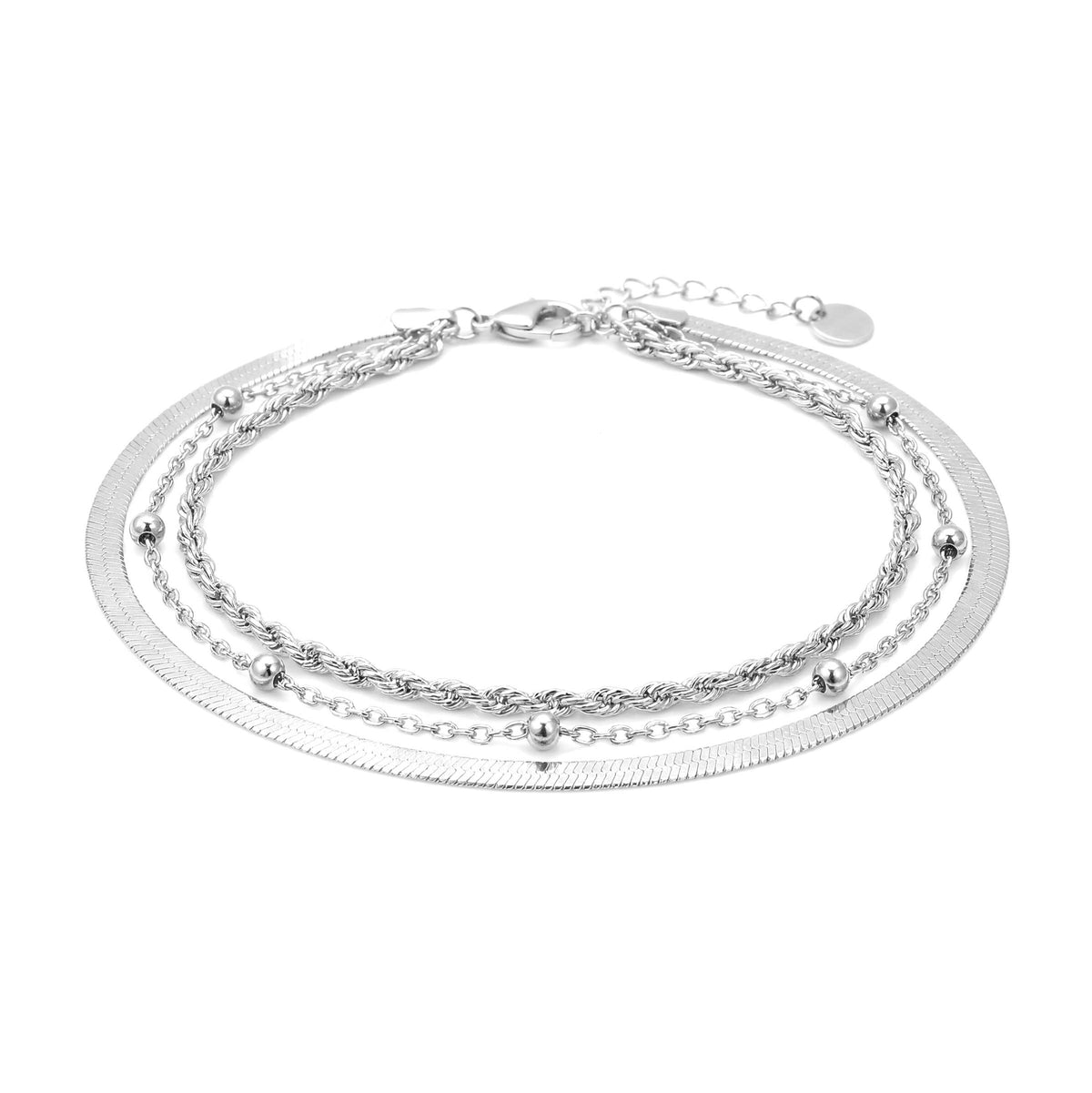 Platinum Finish Sterling Silver Three Bracelet Stack with Herringbone, Beaded, and Twisted Rope Strands