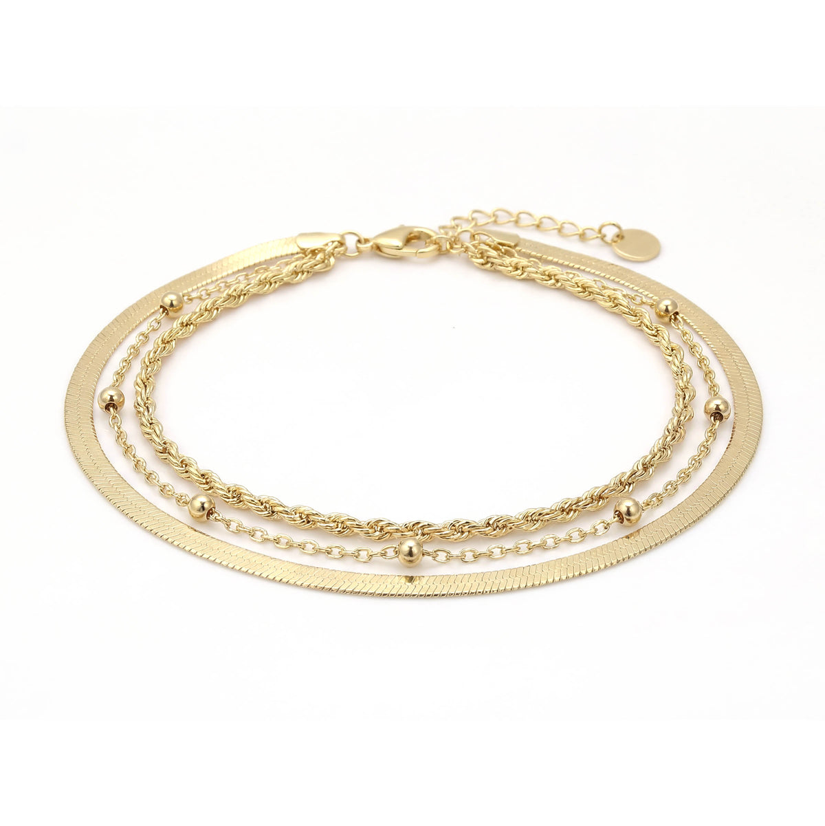 Gold Vermeil Finish Sterling Silver Three Bracelet Stack with Herringbone, Beaded, and Twisted Rope Strands