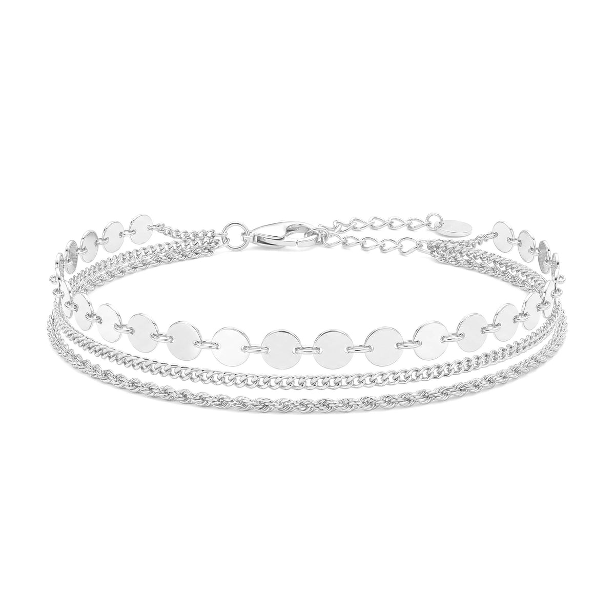 Platinum Finish Sterling Silver withTwisted Rope, Curb, and Disc Station Three Bracelet Stack