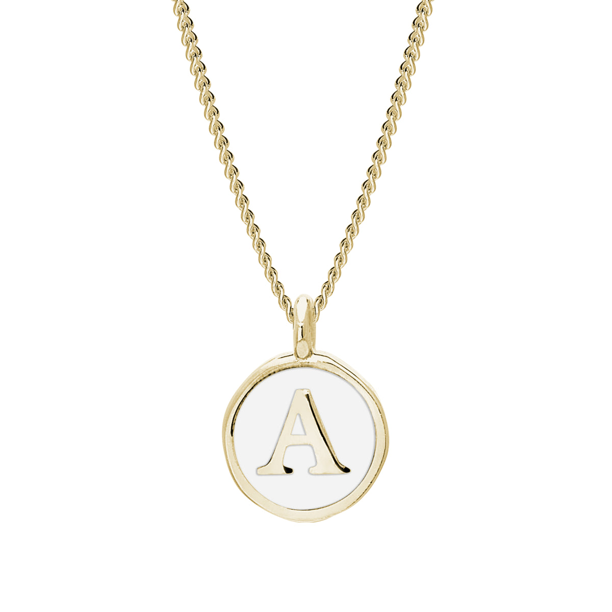 Gold Finish Sterling Silver White Enamel "A" Initial Pendant Necklace on 18" Curb Chain