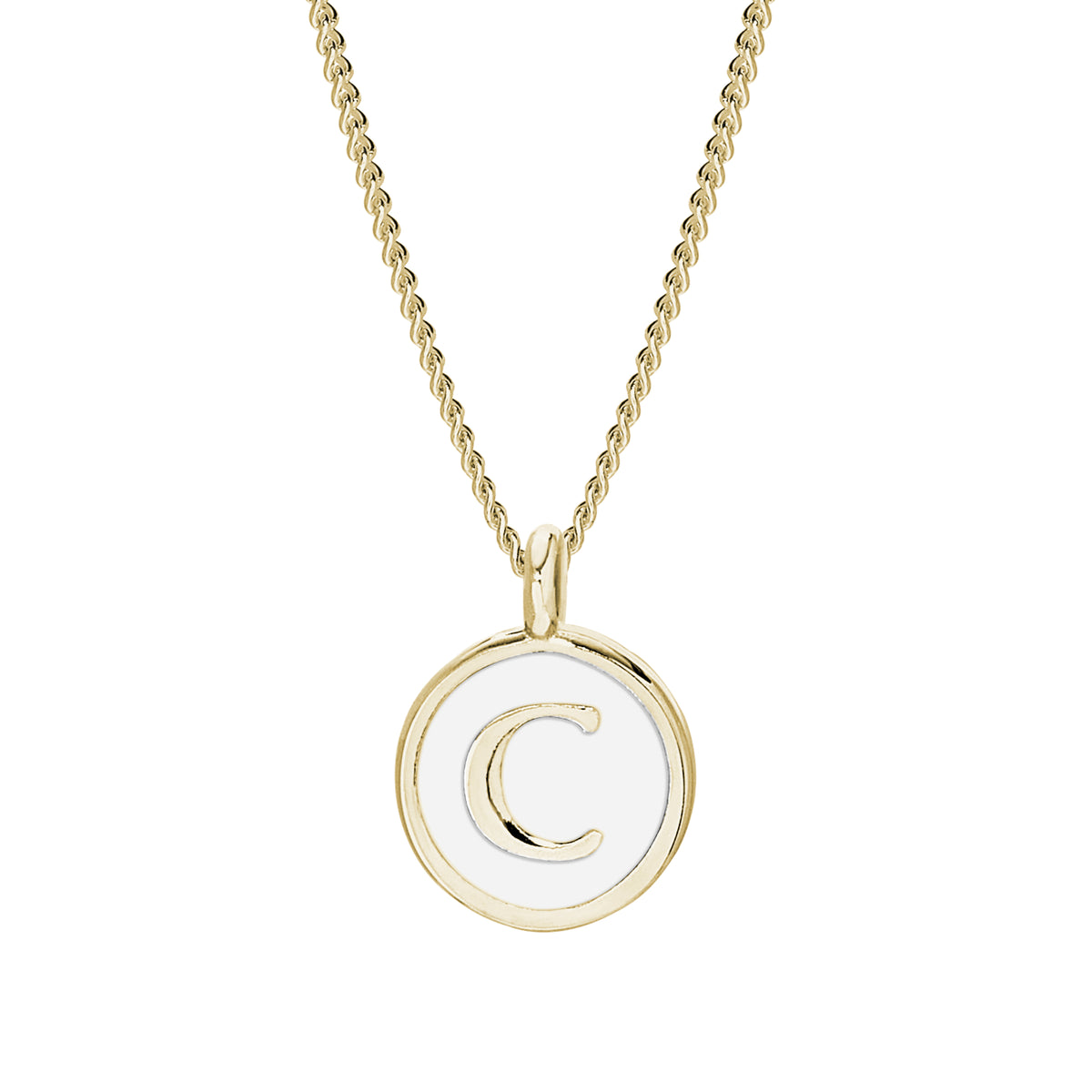 Gold Finish Sterling Silver White Enamel "C" Initial Pendant Necklace on 18" Curb Chain