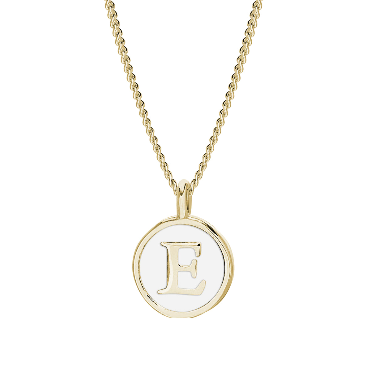 Gold Finish Sterling Silver White Enamel "E" Initial Pendant Necklace on 18" Curb Chain