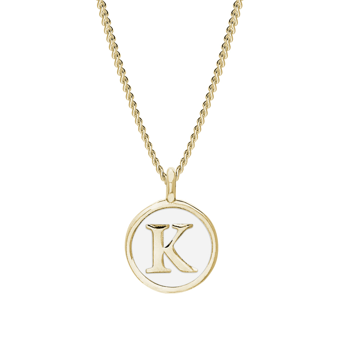 Gold Finish Sterling Silver White Enamel "K" Initial Pendant Necklace on 18" Curb Chain