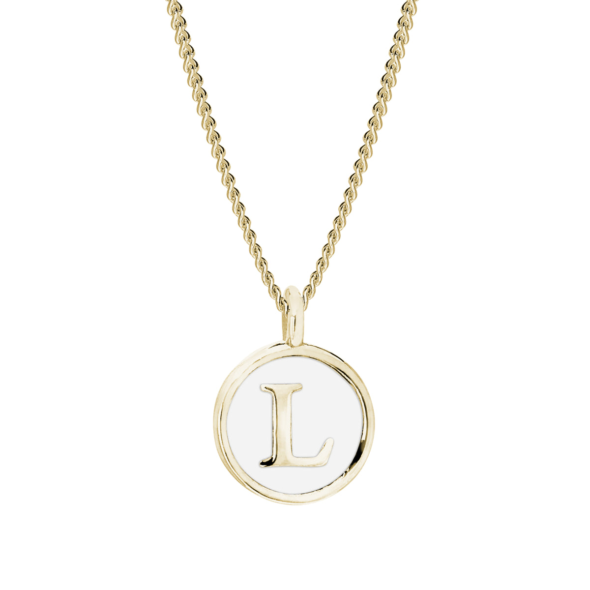 Gold Finish Sterling Silver White Enamel "L" Initial Pendant Necklace on 18" Curb Chain