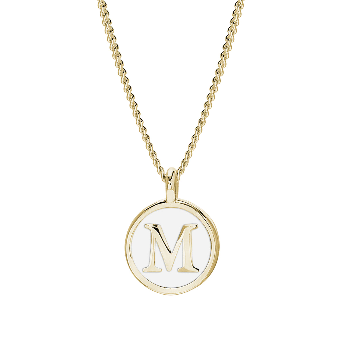Gold Finish Sterling Silver White Enamel "M" Initial Pendant Necklace on 18" Curb Chain