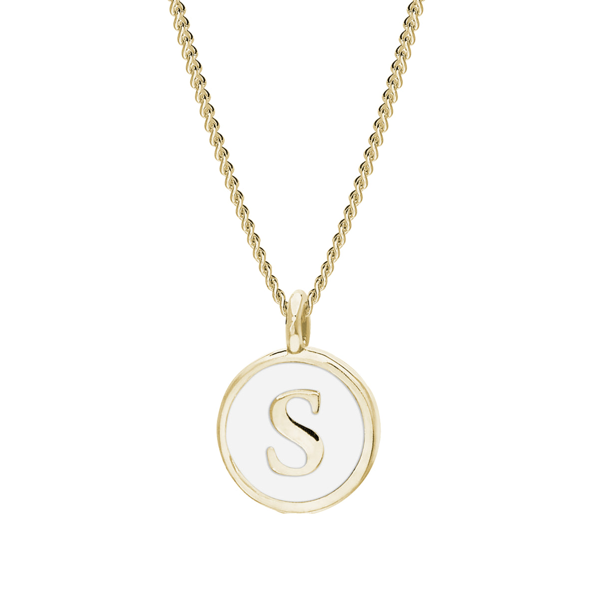 Gold Finish Sterling Silver White Enamel "S" Initial Pendant Necklace on 18" Curb Chain