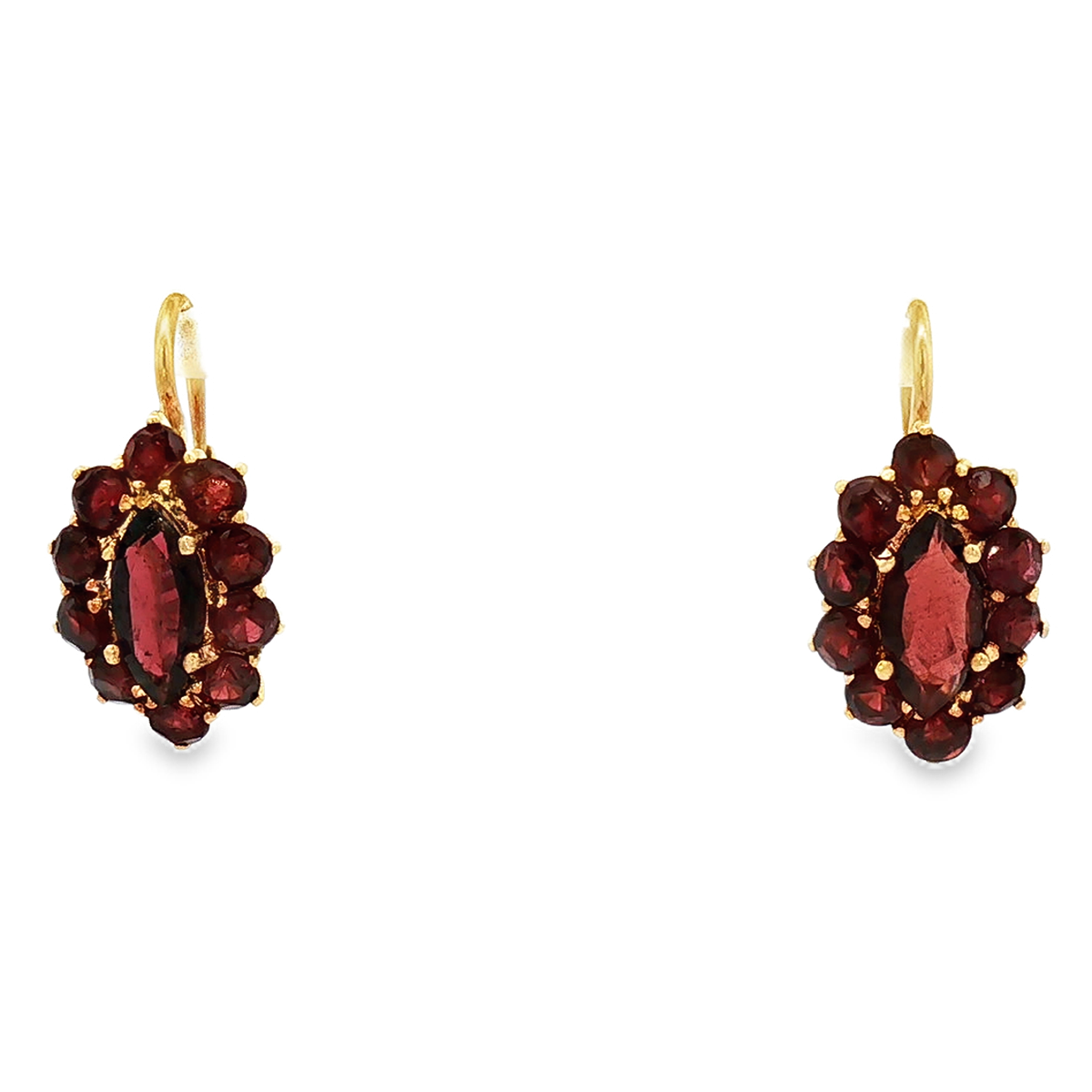 18k Yellow Gold Marquise & Garnet Cluster Leverback Earrings