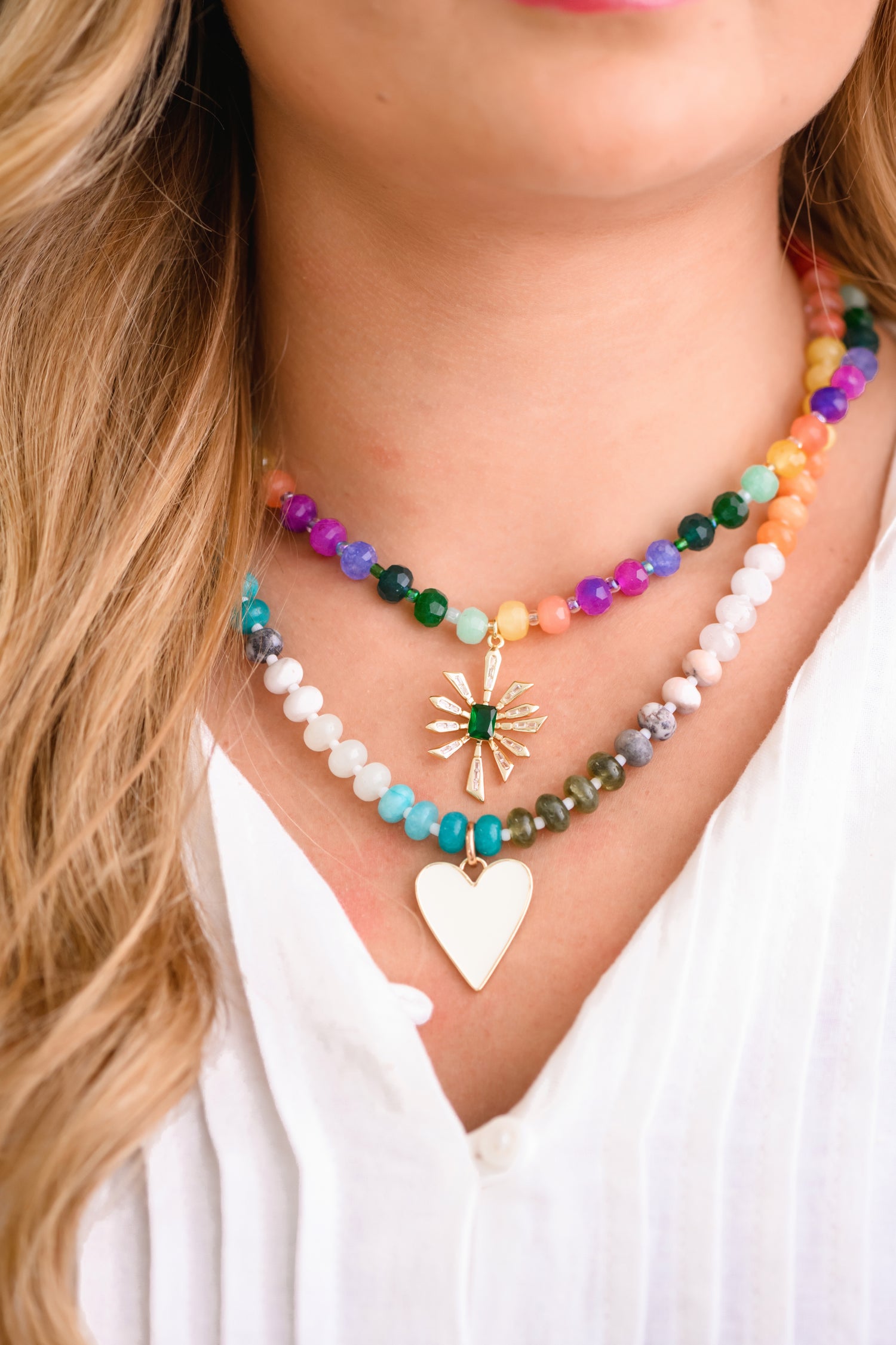 Colorful Jade Beads Adjustable Necklace Bracelet with Sunburst Charm