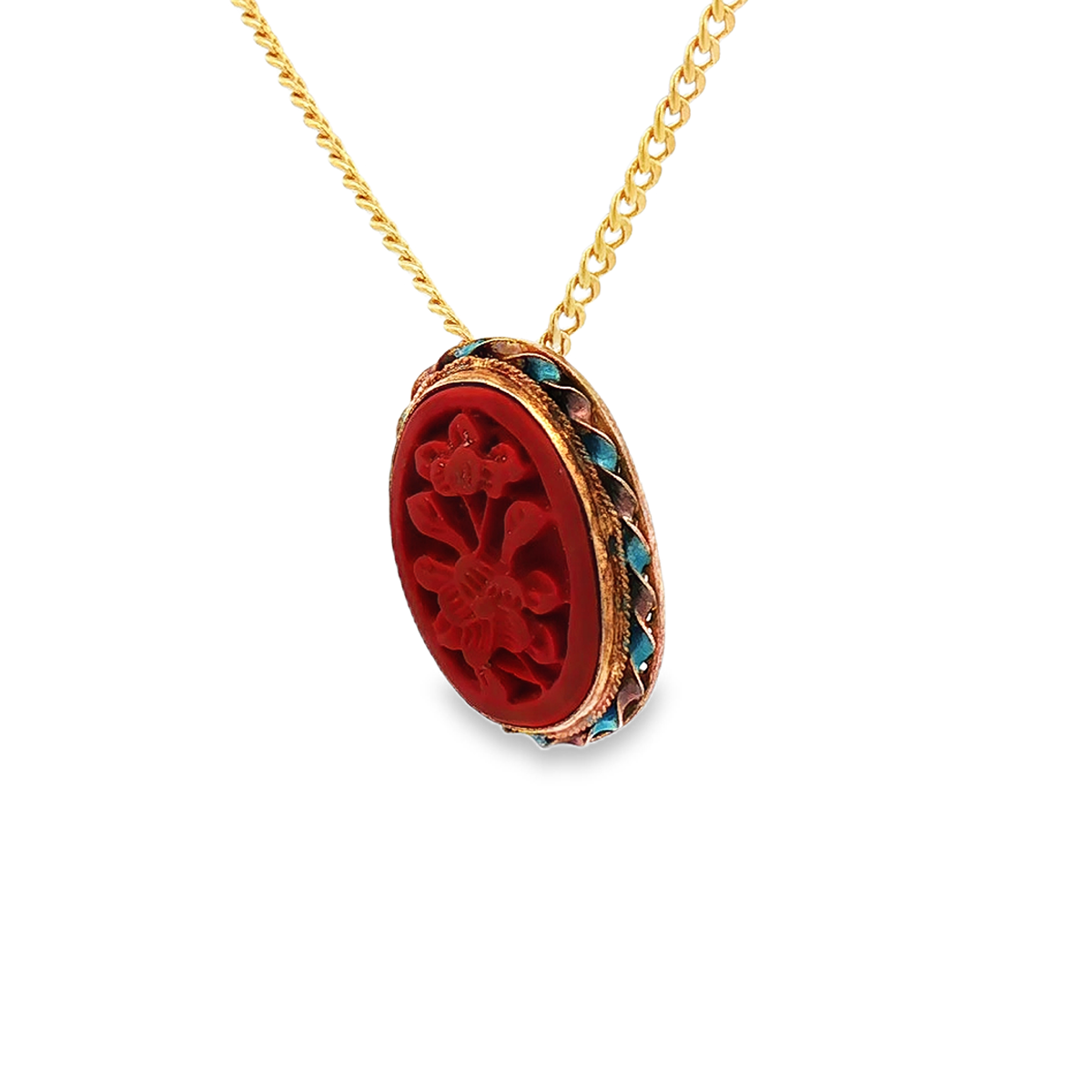 Gold over Sterling Silver Enameled Converted Pin with Floral Red Stone