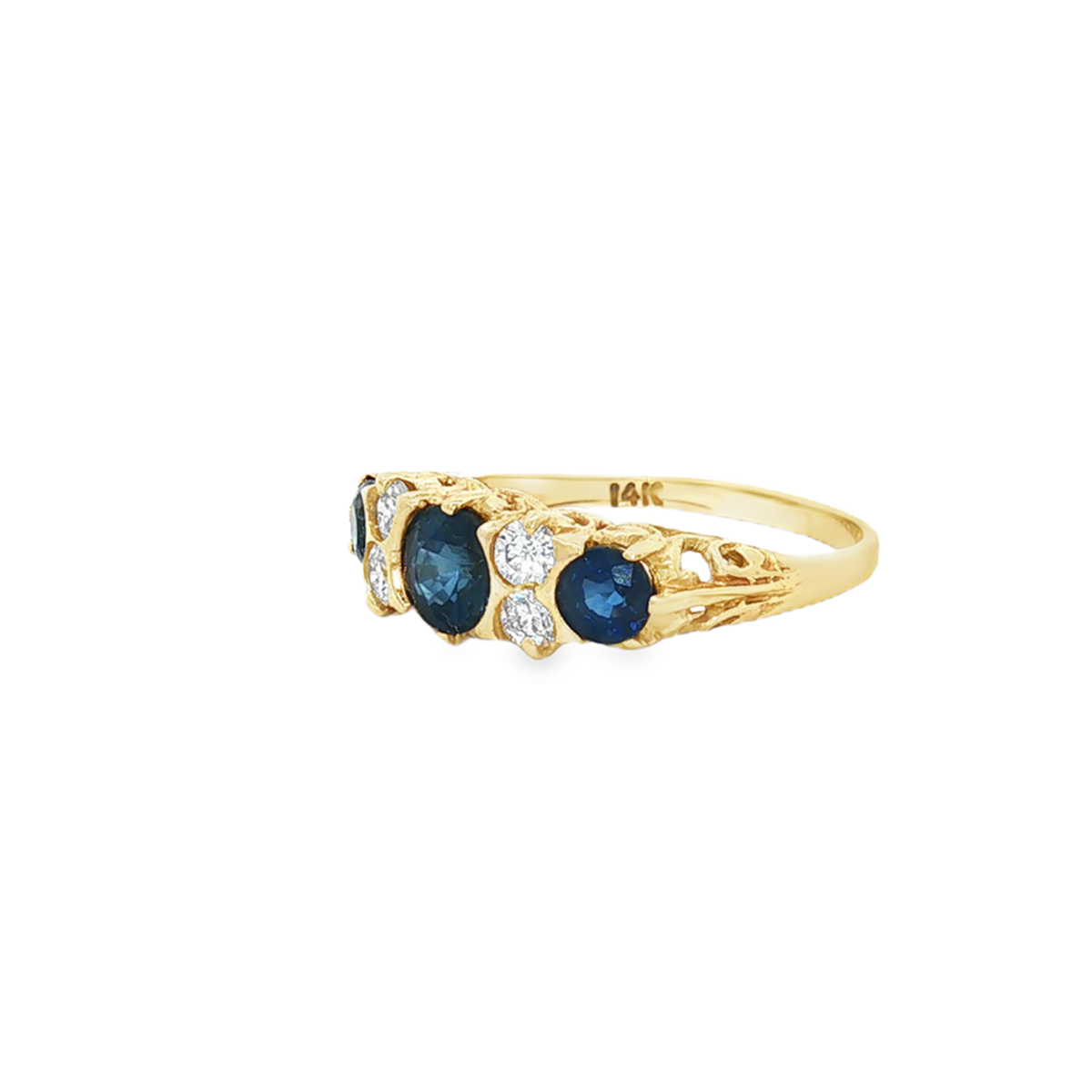 14k Yellow Gold Diamond & Sapphire Filigree Estate Ring