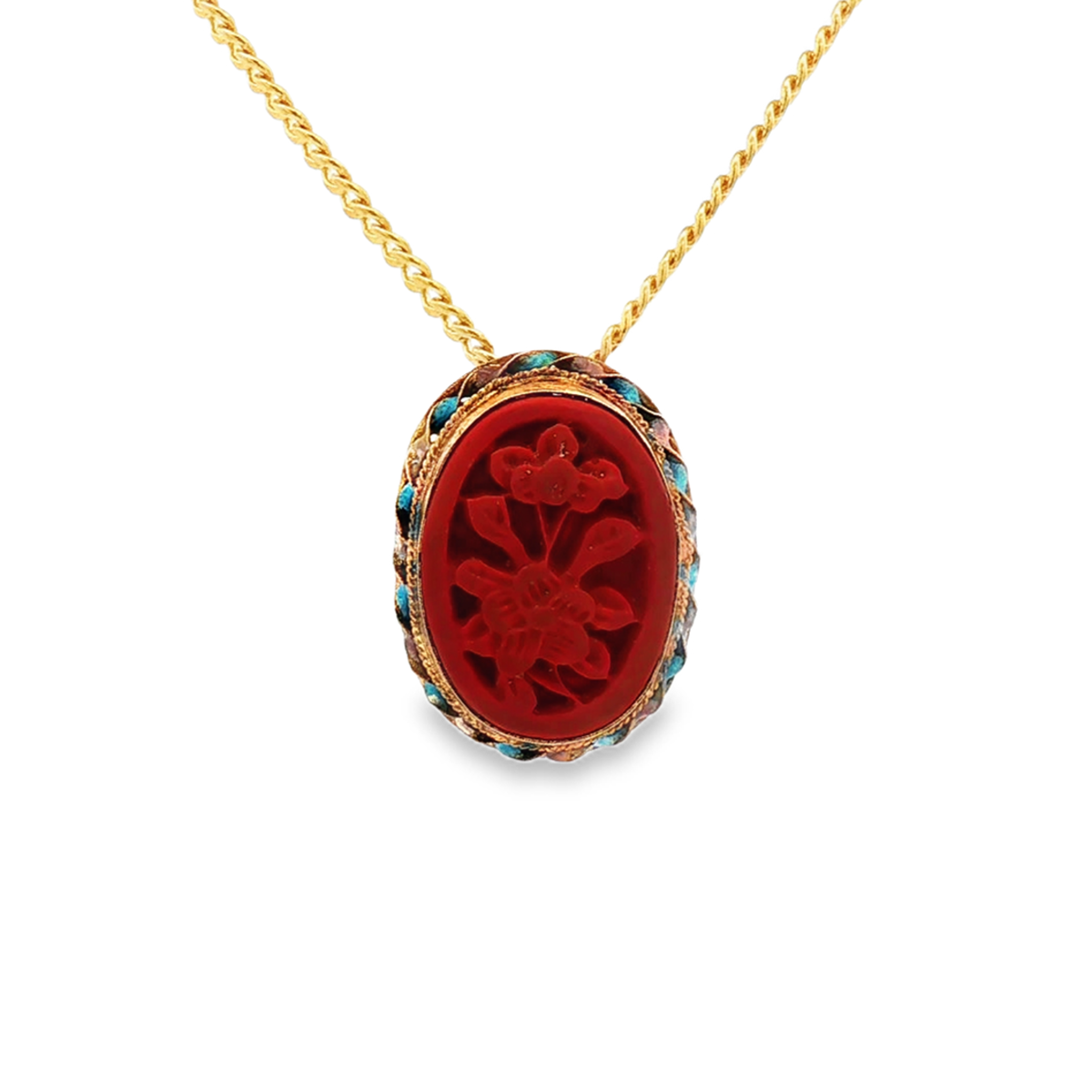 Gold over Sterling Silver Enameled Converted Pin with Floral Red Stone