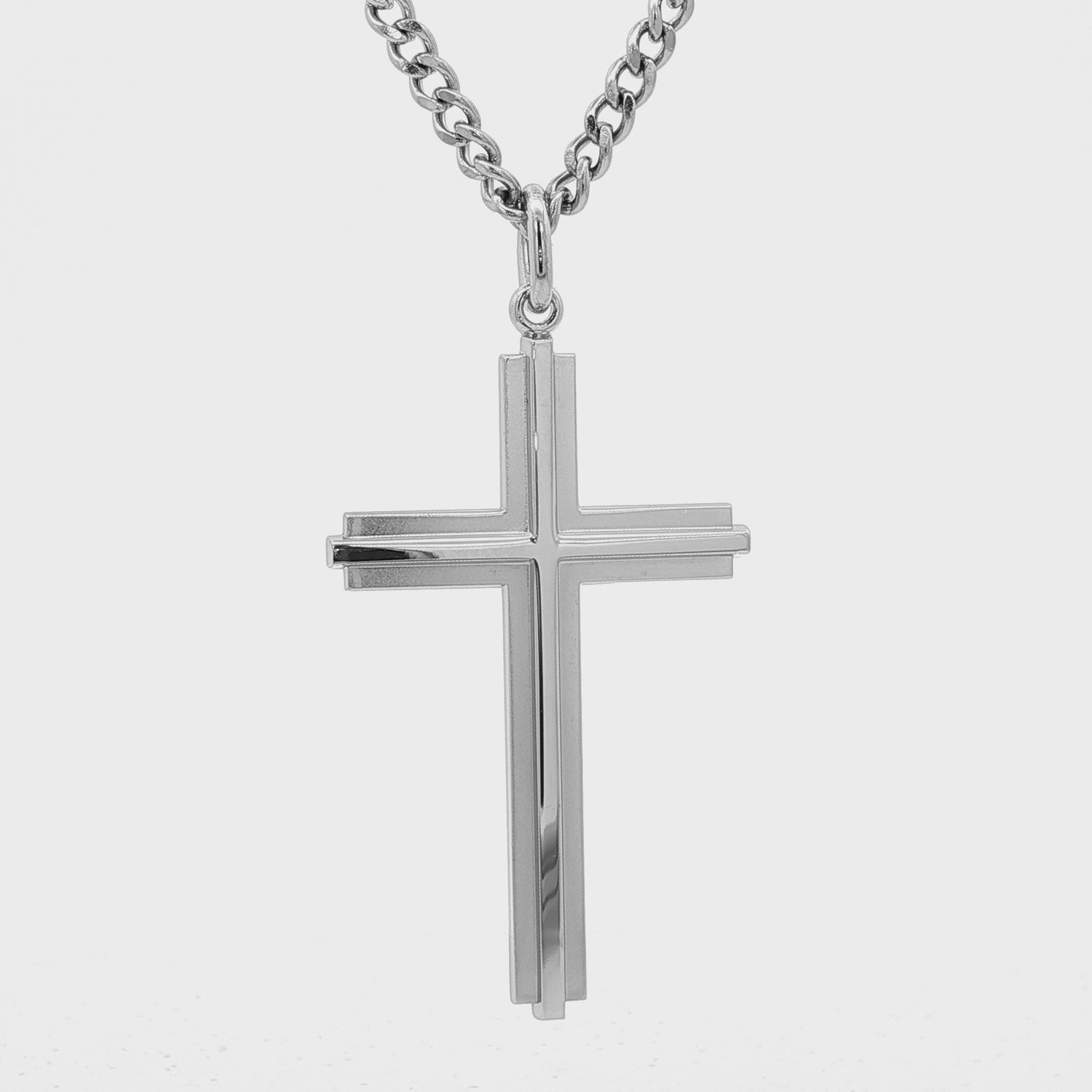 Sterling Silver Doubled Cross on Stainless Steel Chain