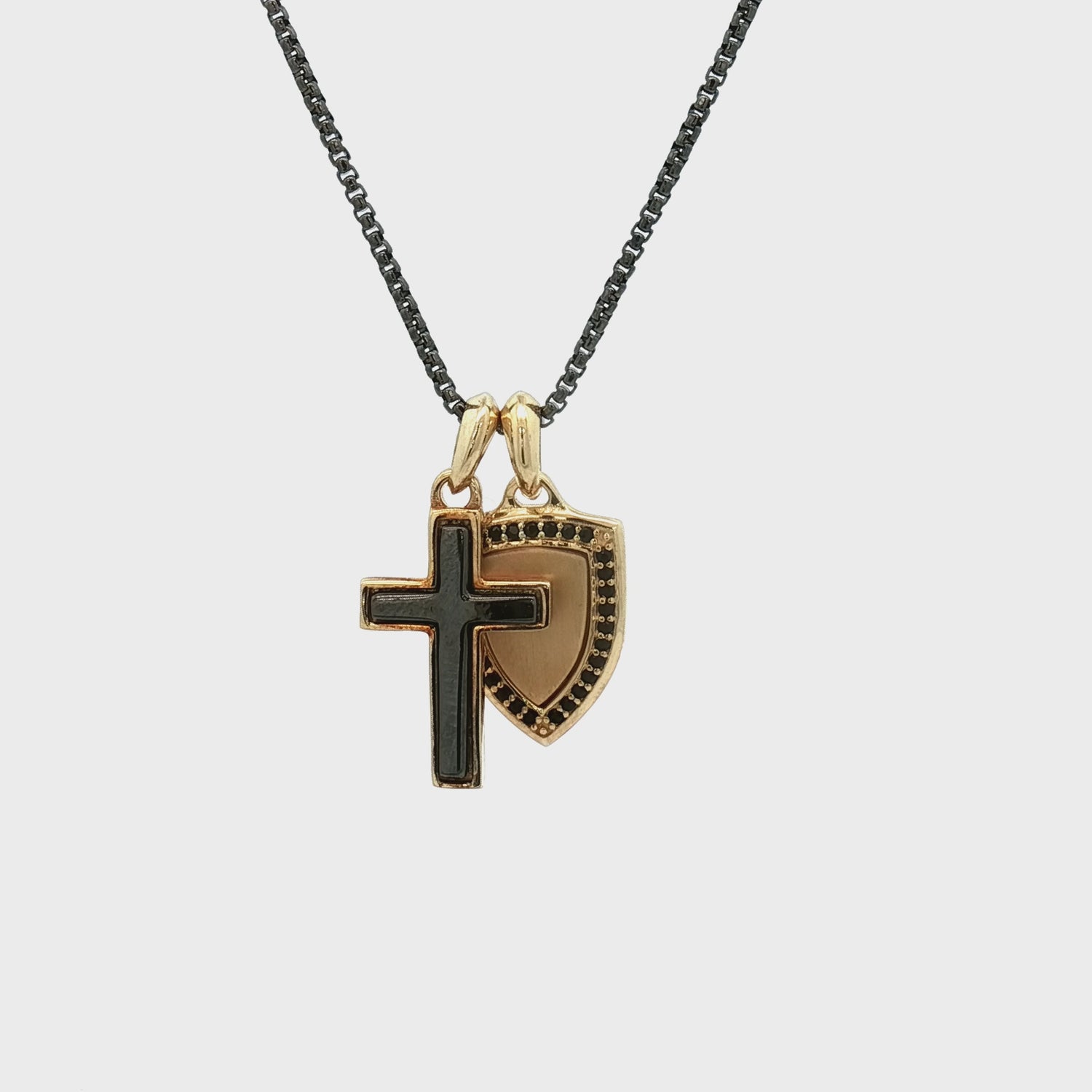 Cross and Shield Pendant Charms on a Rounded Box Chain